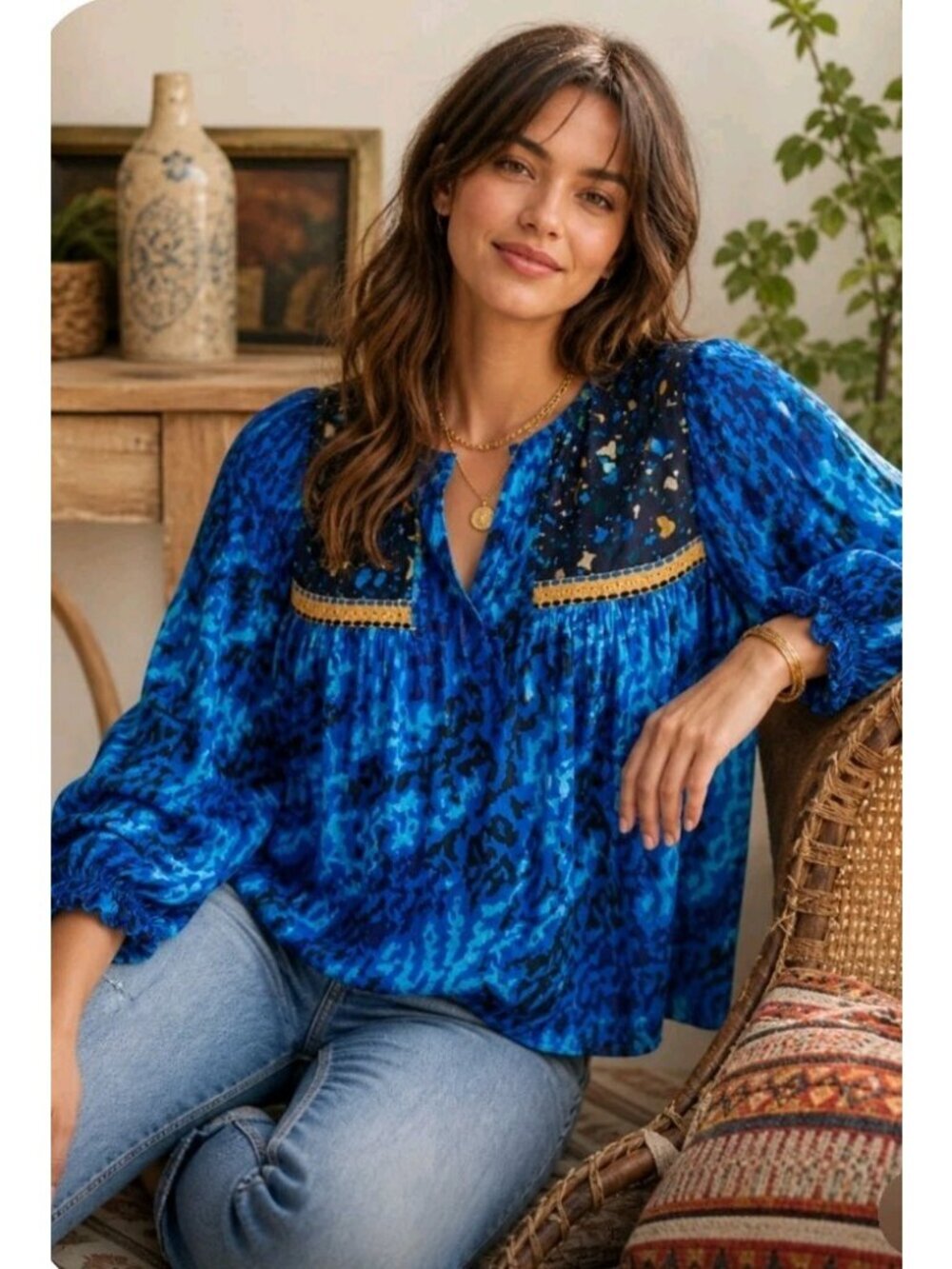 Anthropologie Bl^Nk London Miranda Peasant Blouse Eclectic Blue Semi-Sheer XL